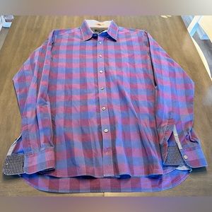 MENS SIZE 4 TED BAKER BUTTON FRONT LONG SLEEVE SHIRT RED/BLUE PLAID - LARGE